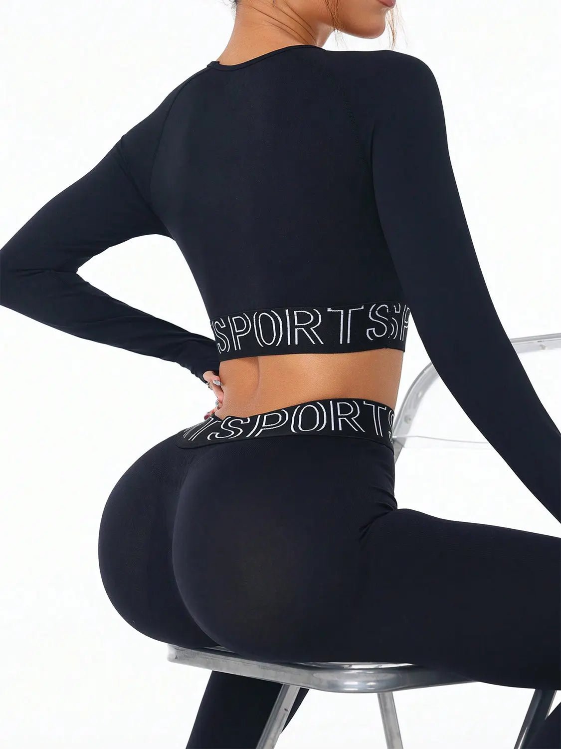 Letter Print Round Neck Long Sleeve Top and Leggings Active Set - GlossiChic CollectionActivewear