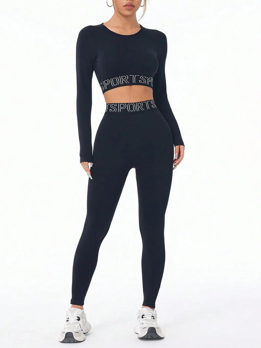 Letter Print Round Neck Long Sleeve Top and Leggings Active Set - GlossiChic CollectionActivewear