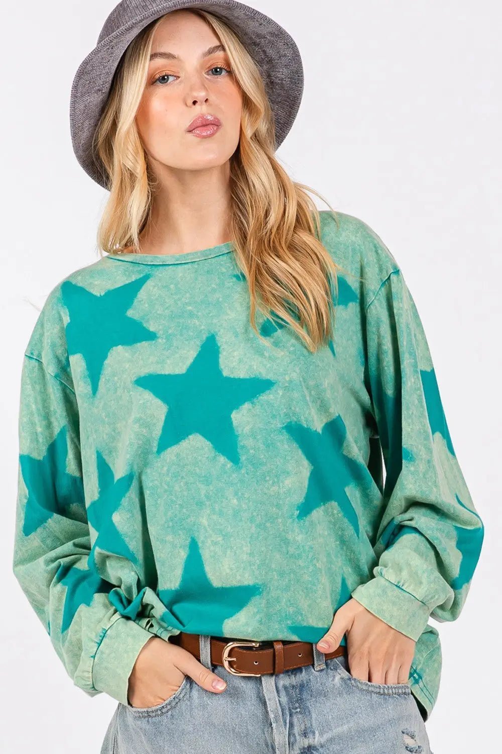 Mineral Wash Star Pattern T-Shirt - GlossiChic Collection Turquoise / S GlossiChic Collection Shirts & Tops