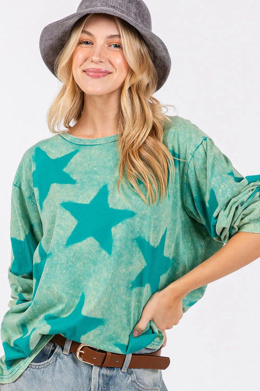 Mineral Wash Star Pattern T-Shirt - GlossiChic CollectionShirts & Tops
