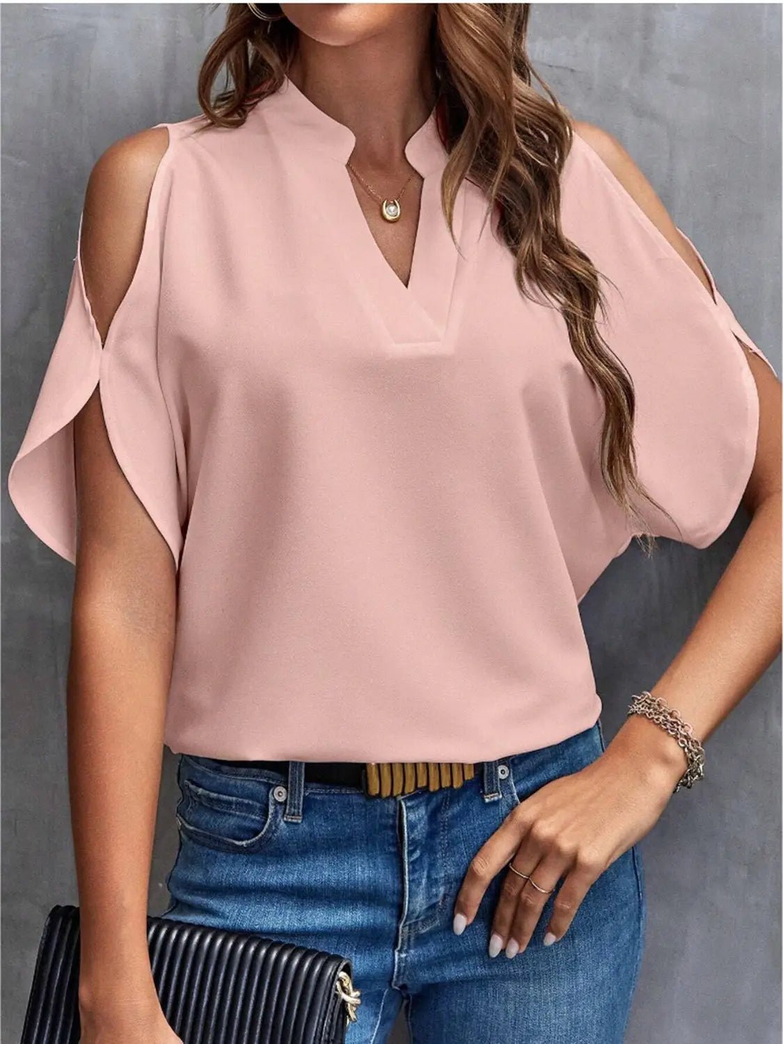 Notched Cold Shoulder Half Sleeve Blouse - GlossiChic CollectionShirts & Tops