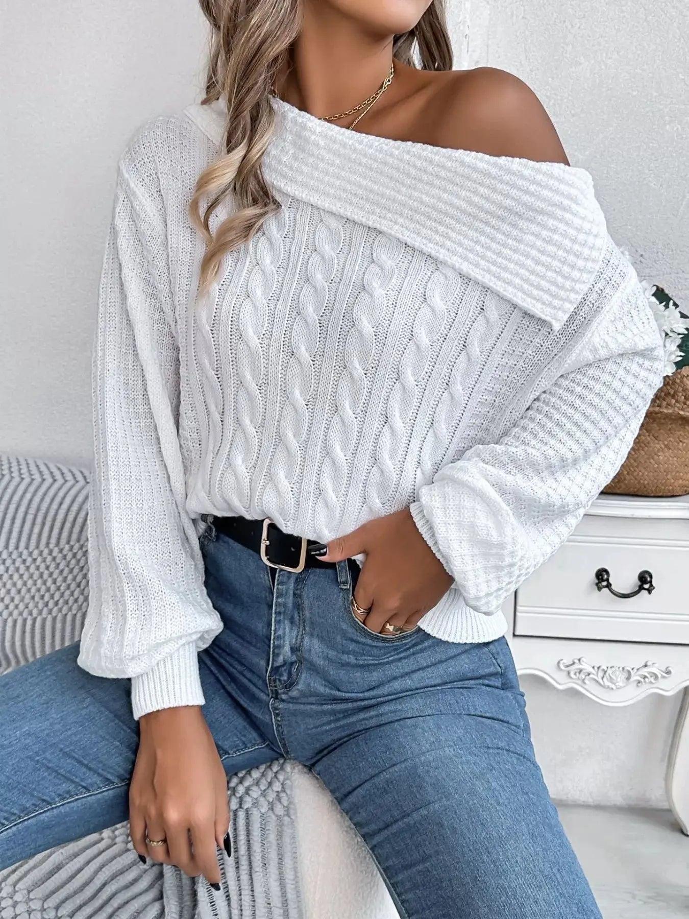 Off - Shoulder Cable Knit Sweater - GlossiChic CollectionSweaters
