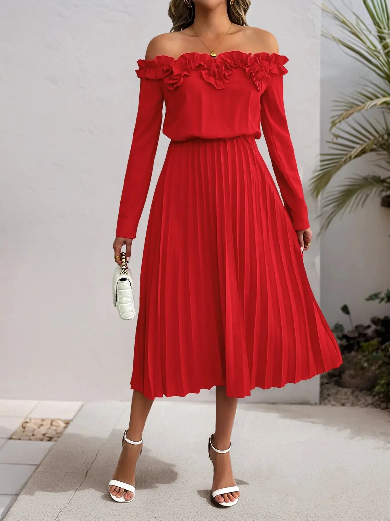 Off - Shoulder Ruffle Pleated Midi Dress - GlossiChic CollectionDresses