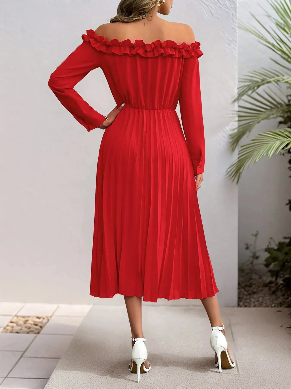 Off - Shoulder Ruffle Pleated Midi Dress - GlossiChic CollectionDresses