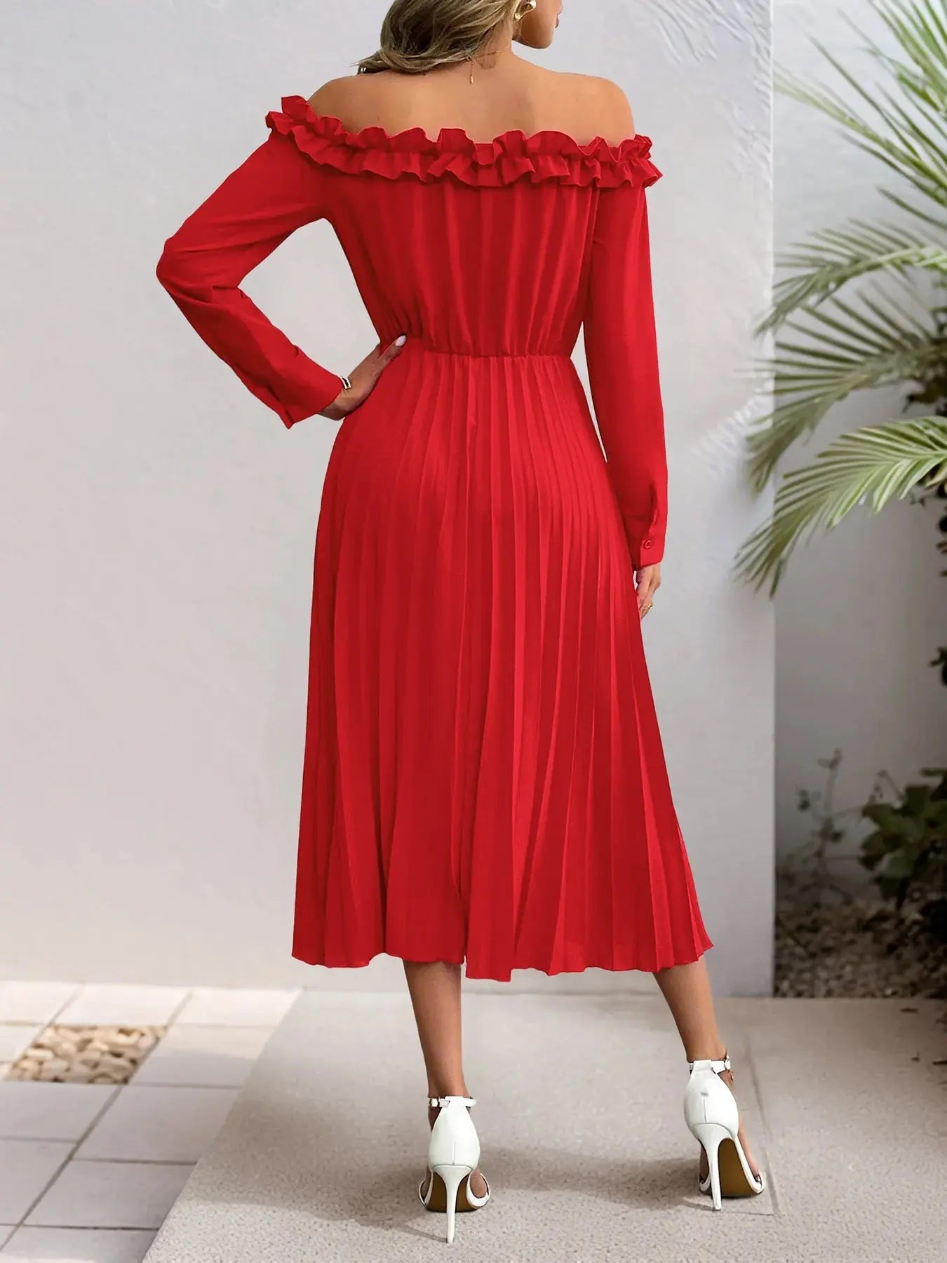 Off - Shoulder Ruffle Pleated Midi Dress - GlossiChic CollectionDresses