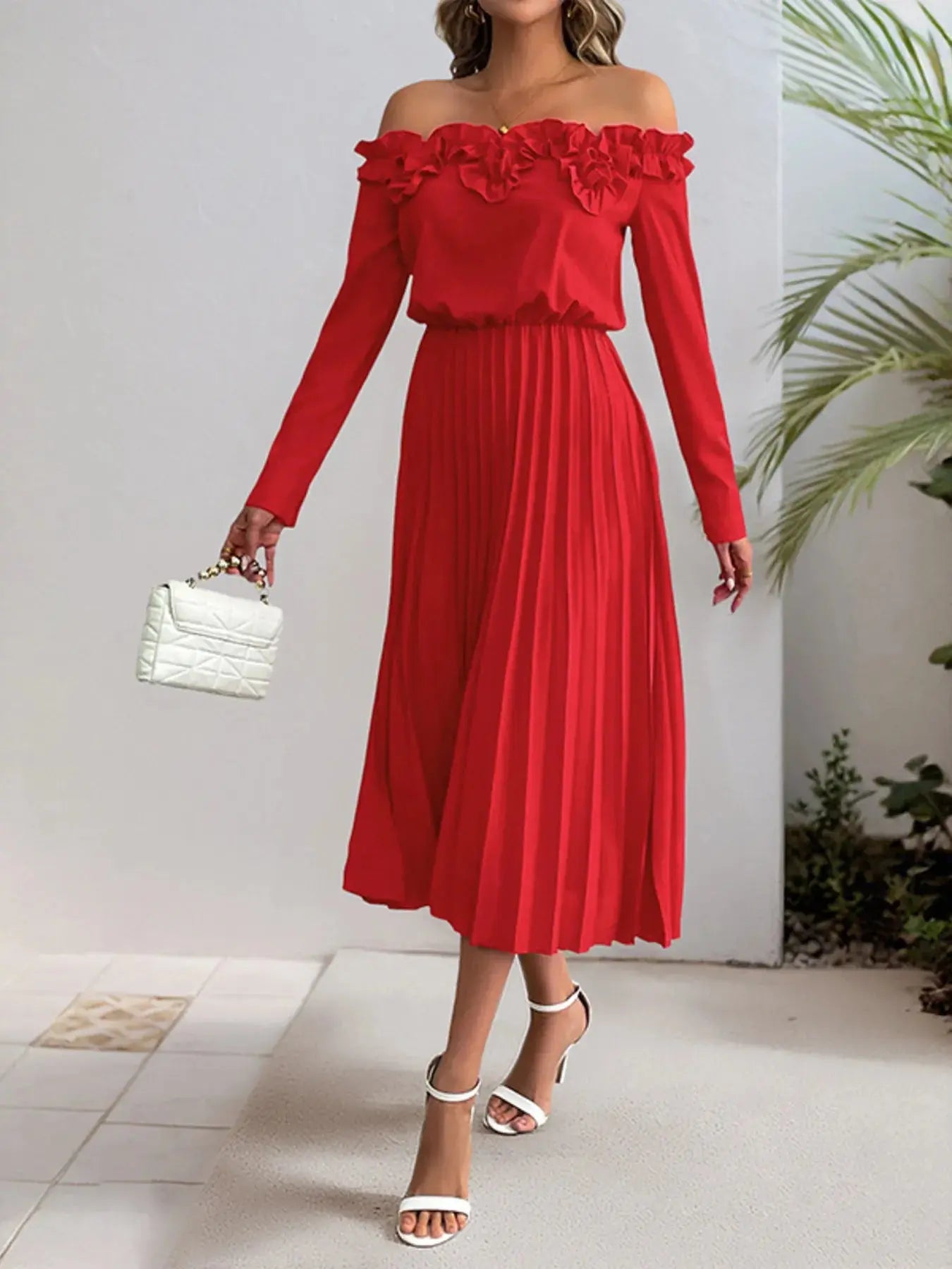 Off - Shoulder Ruffle Pleated Midi Dress - GlossiChic CollectionDresses