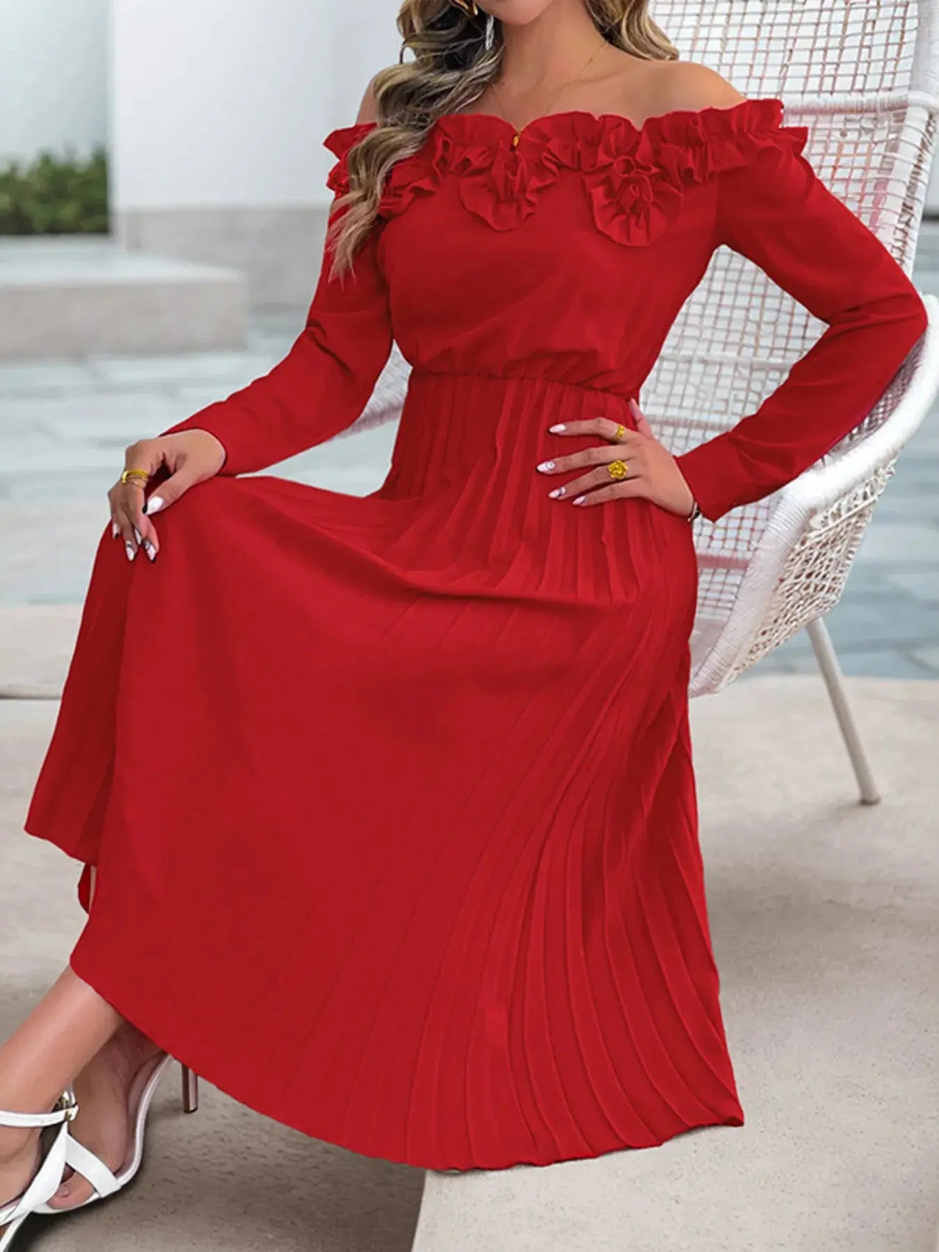 Off - Shoulder Ruffle Pleated Midi Dress - GlossiChic CollectionDresses