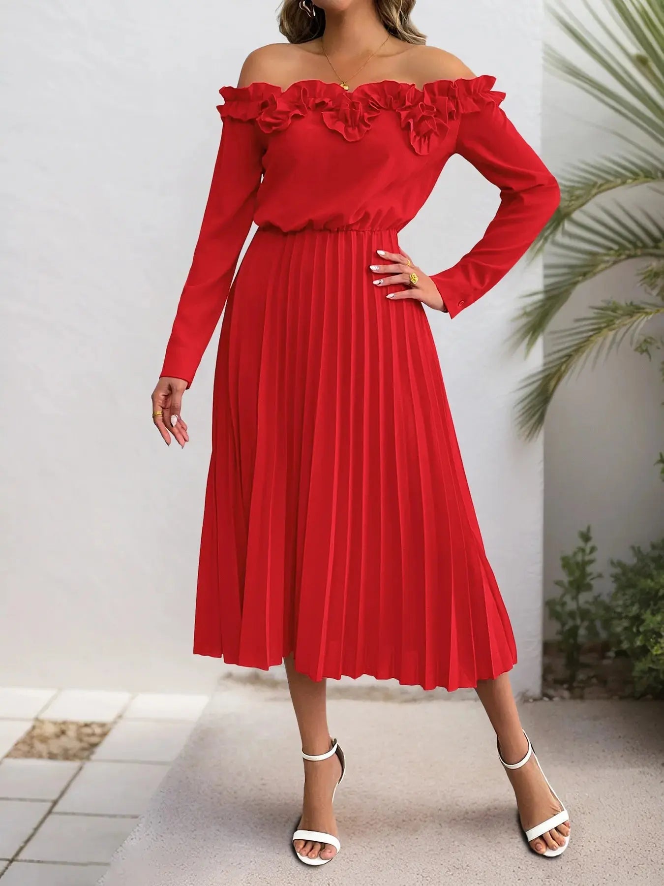 Off - Shoulder Ruffle Pleated Midi Dress - GlossiChic CollectionDresses
