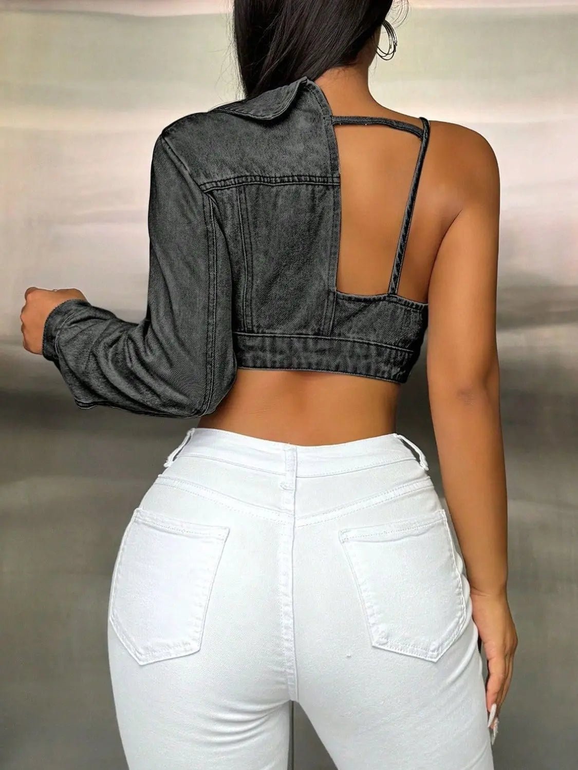 One Shoulder Long Sleeve Cropped Denim Top - GlossiChic Collection Black / 2XL GlossiChic Collection Shirts & Tops