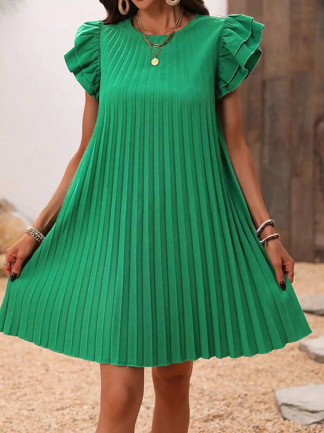 Pleated Round Neck Cap Sleeve Mini Dress - GlossiChic CollectionDresses