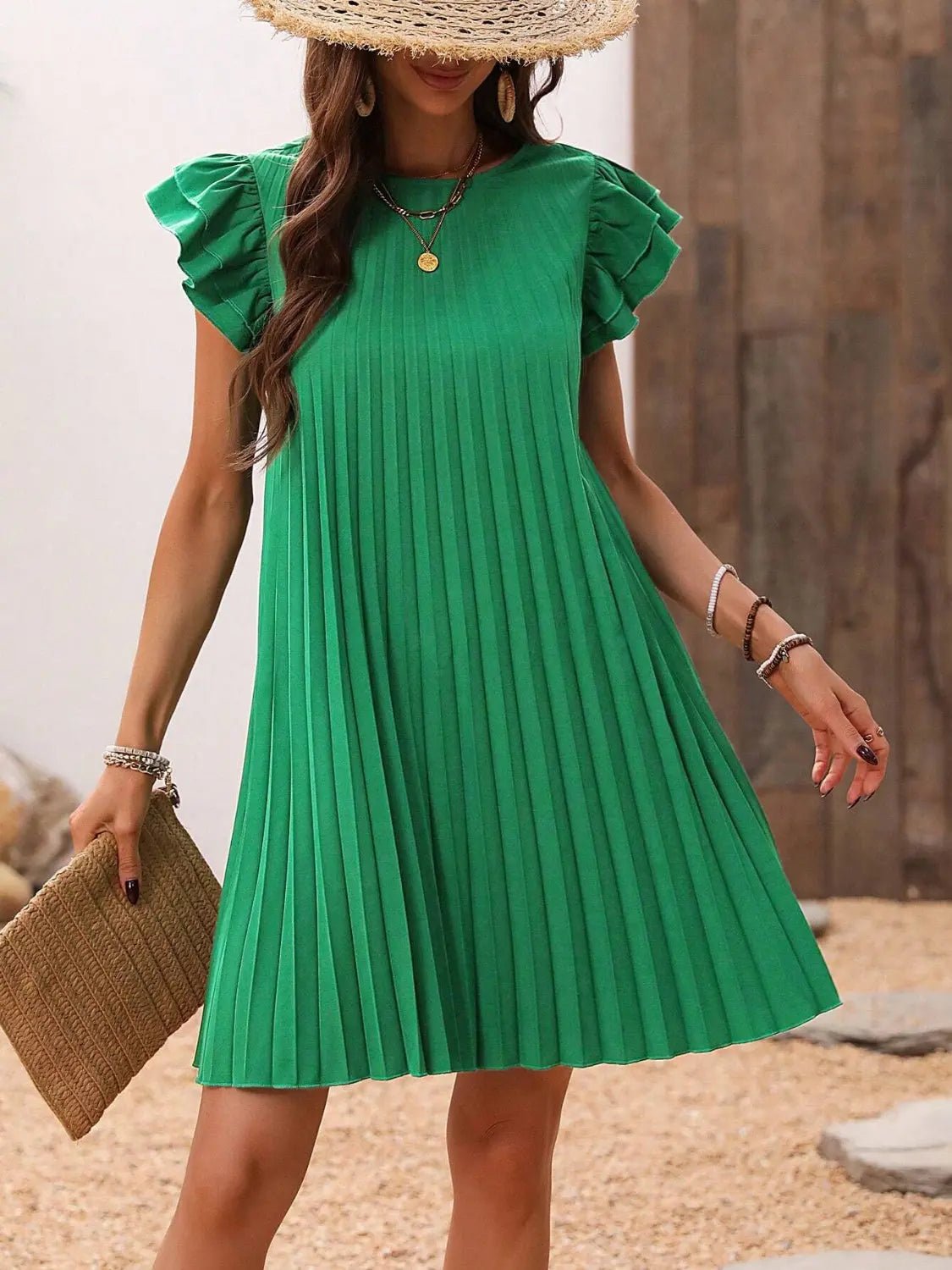 Pleated Round Neck Cap Sleeve Mini Dress - GlossiChic CollectionDresses