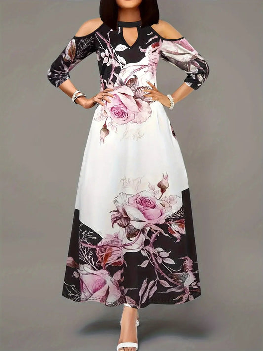 Plus Size Cutout Printed Cold Shoulder Dress - GlossiChic CollectionDresses