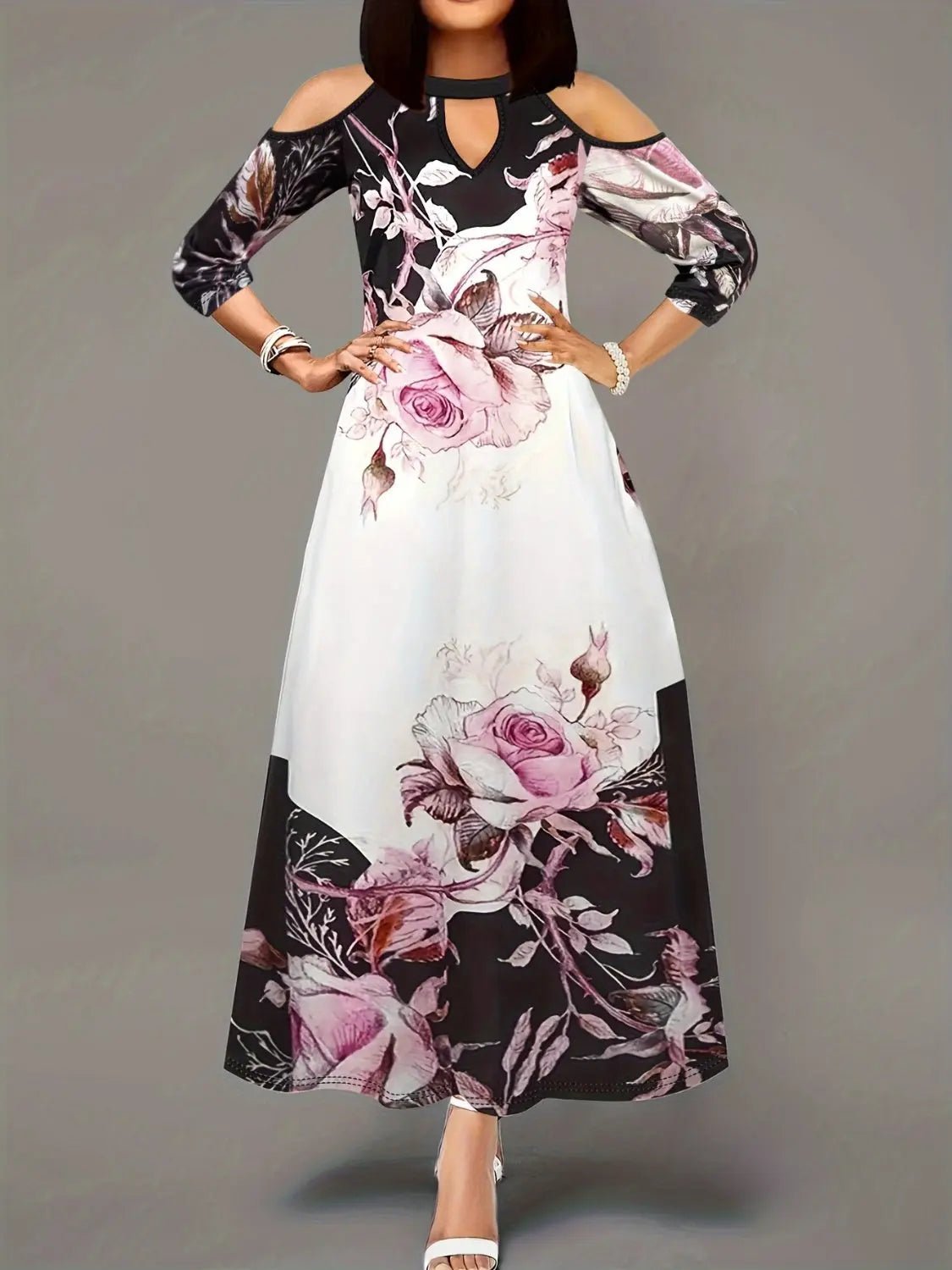 Plus Size Cutout Printed Cold Shoulder Dress - GlossiChic CollectionDresses