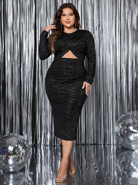 Plus Size Cutout Slit Round Neck Long Sleeve Dress - GlossiChic CollectionDresses