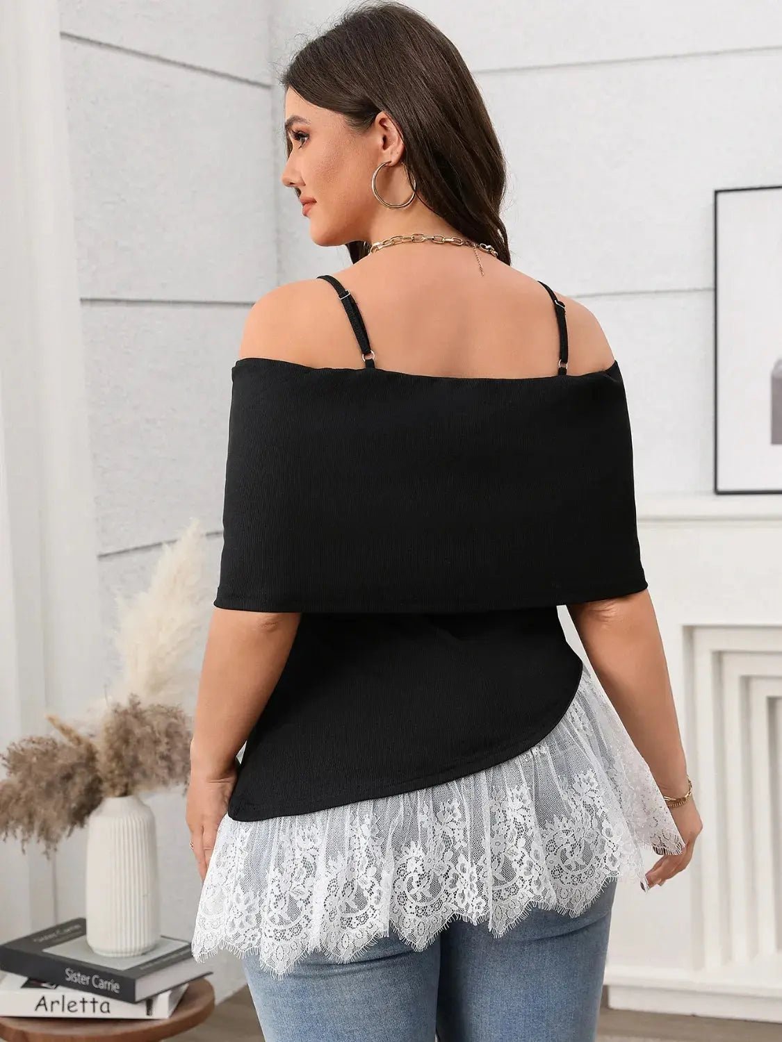 Plus Size Lace Detail Spaghetti Strap Short Sleeve Top - GlossiChic CollectionShirts & Tops