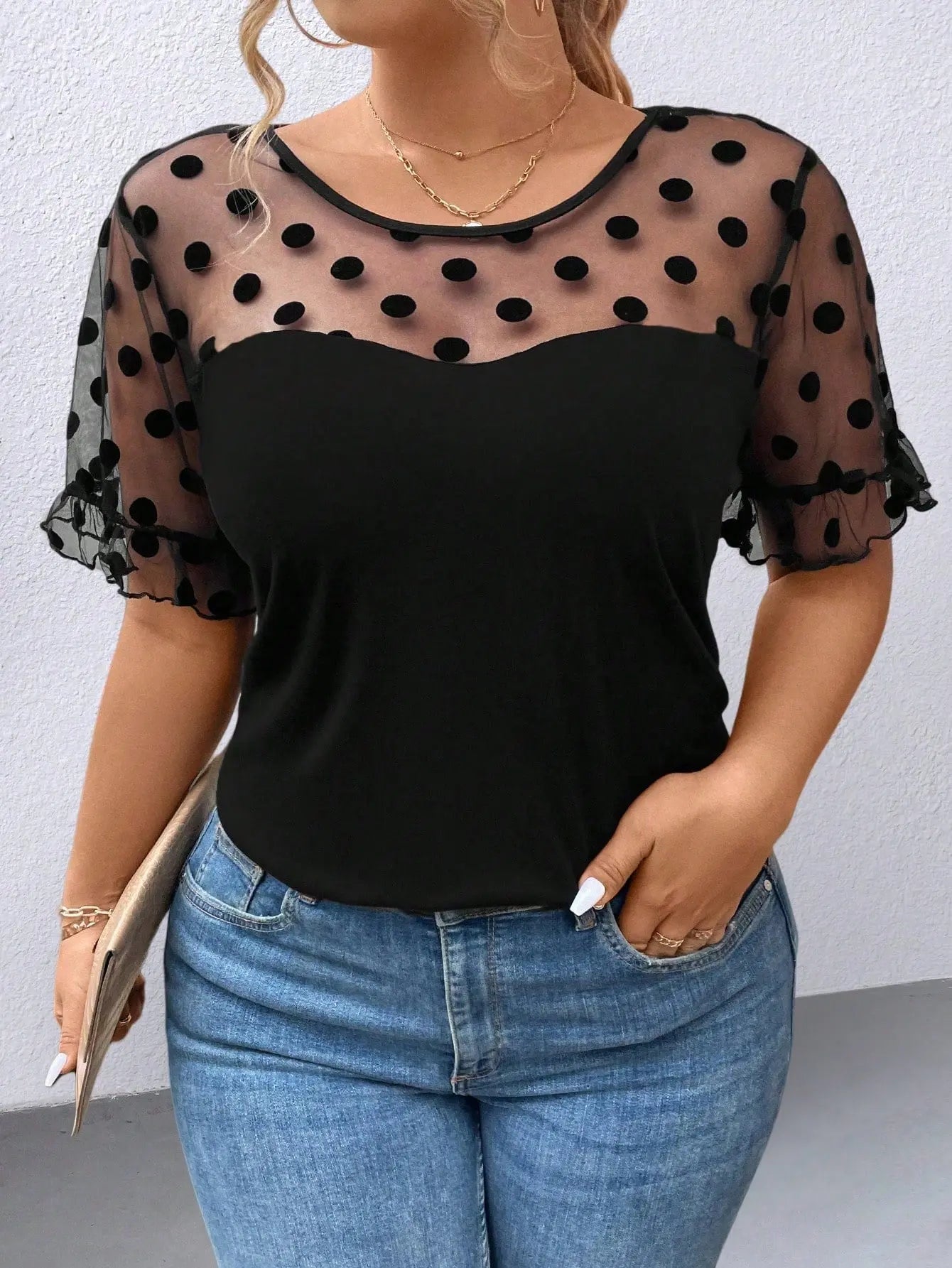 Plus Size Polka Dot Mesh Printed Round Neck Short Sleeve Casual Shirt - GlossiChic Collection Black / 0XL GlossiChic Collection Plus Size T-shirts