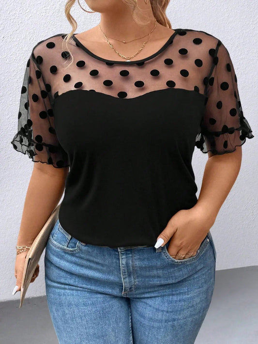 Plus Size Polka Dot Mesh Printed Round Neck Short Sleeve Casual Shirt - GlossiChic CollectionPlus Size T-shirts