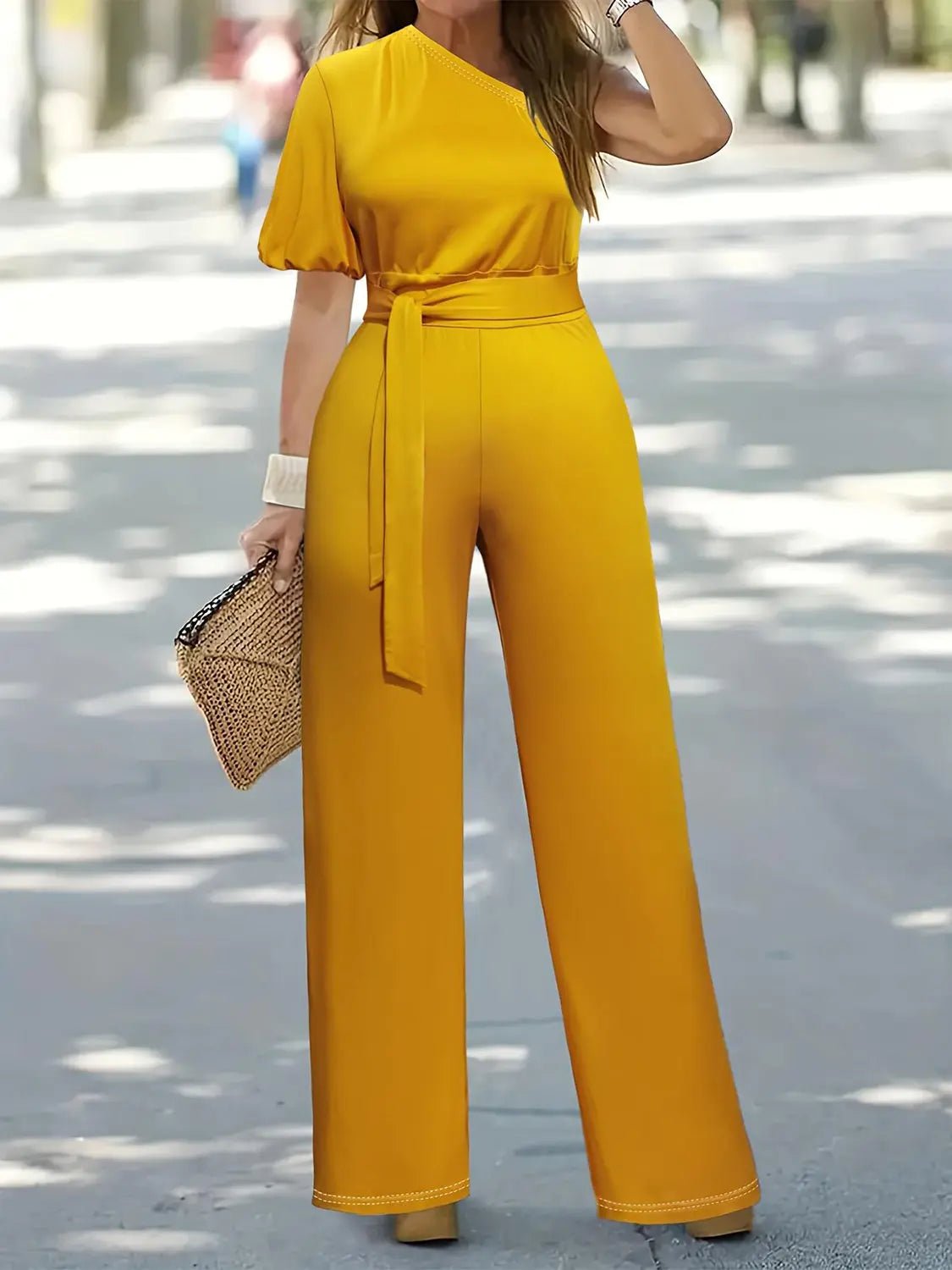 Plus Size Single Shoulder Tie Waist Jumpsuit - GlossiChic Collection Gold / 1XL GlossiChic Collection Jumpers & Rompers