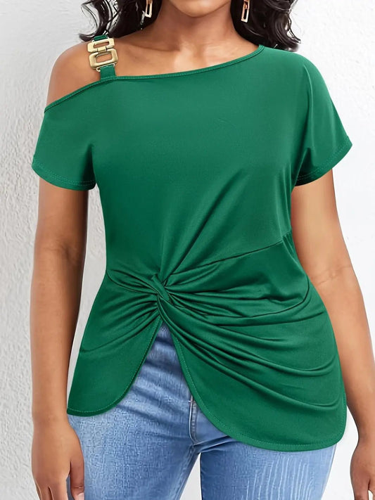 Plus Size Twisted Asymmetrical Neck Short Sleeve T-Shirt - GlossiChic CollectionShirts & Tops