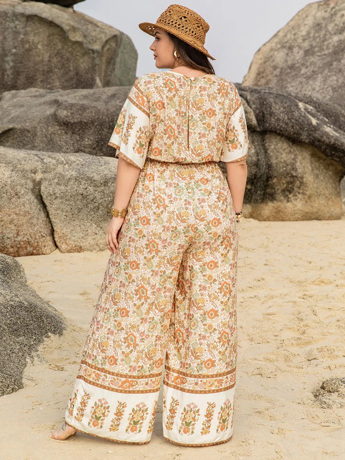 Plus Size V-Neck Flutter Sleeve Wide Leg Jumpsuit - GlossiChic Collection Apricot / 0XL GlossiChic Collection Jumpers & Rompers