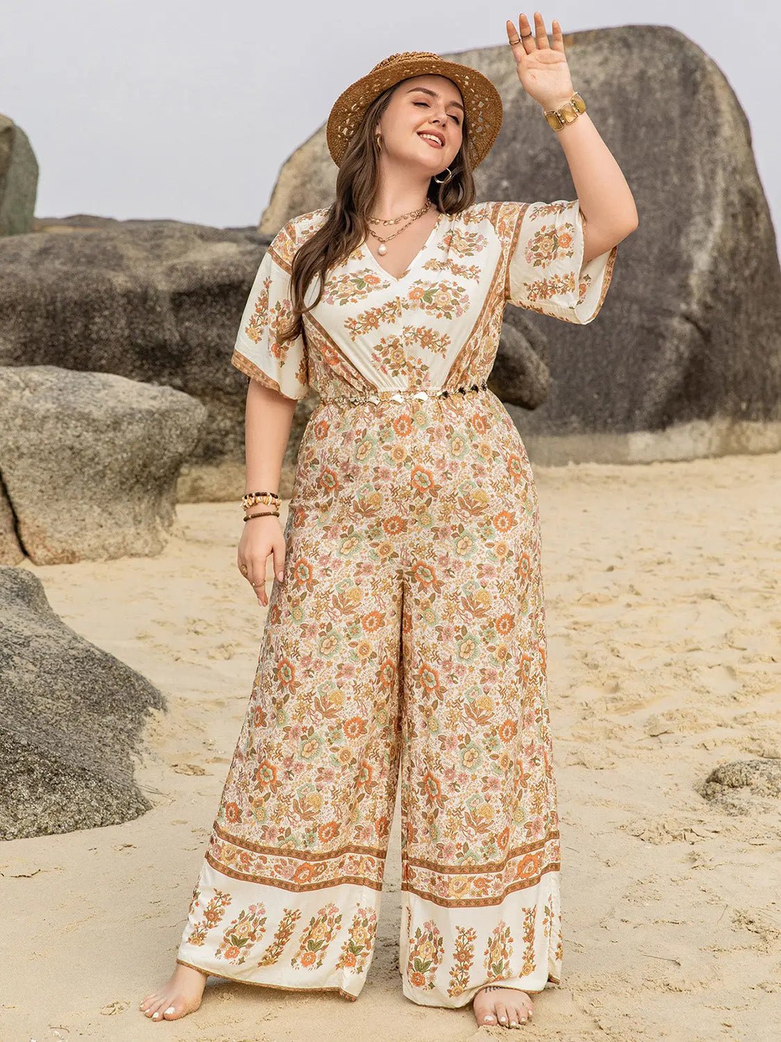 Plus Size V-Neck Flutter Sleeve Wide Leg Jumpsuit - GlossiChic Collection Apricot / 0XL GlossiChic Collection Jumpers & Rompers