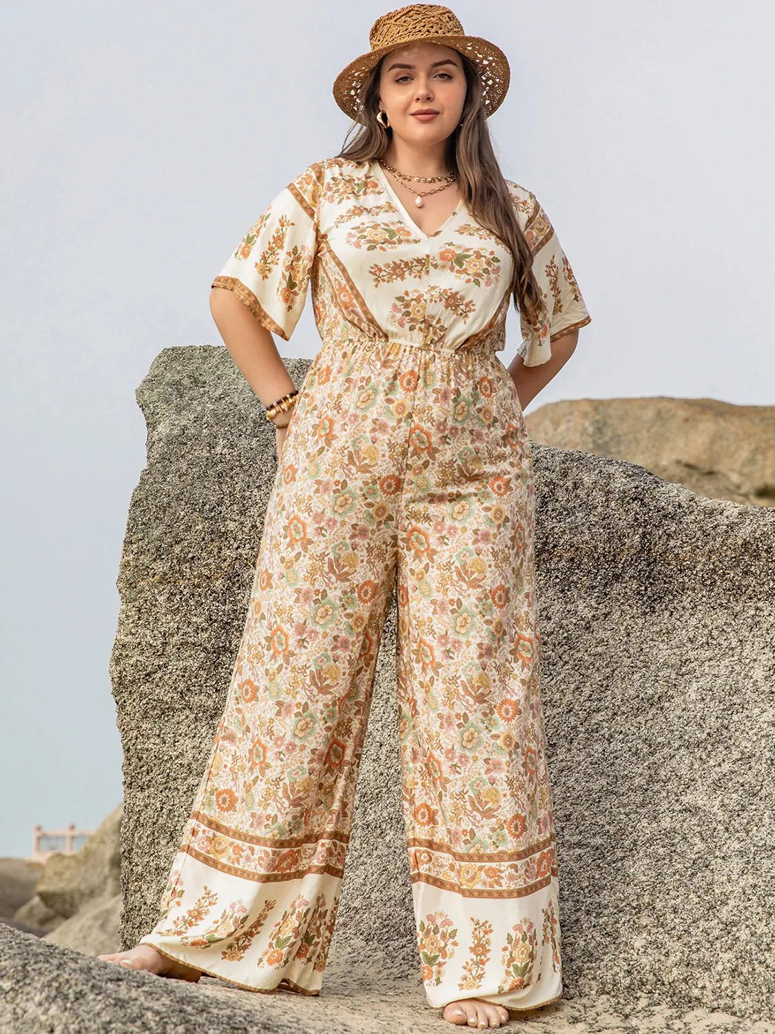 Plus Size V-Neck Flutter Sleeve Wide Leg Jumpsuit - GlossiChic Collection Apricot / 0XL GlossiChic Collection Jumpers & Rompers