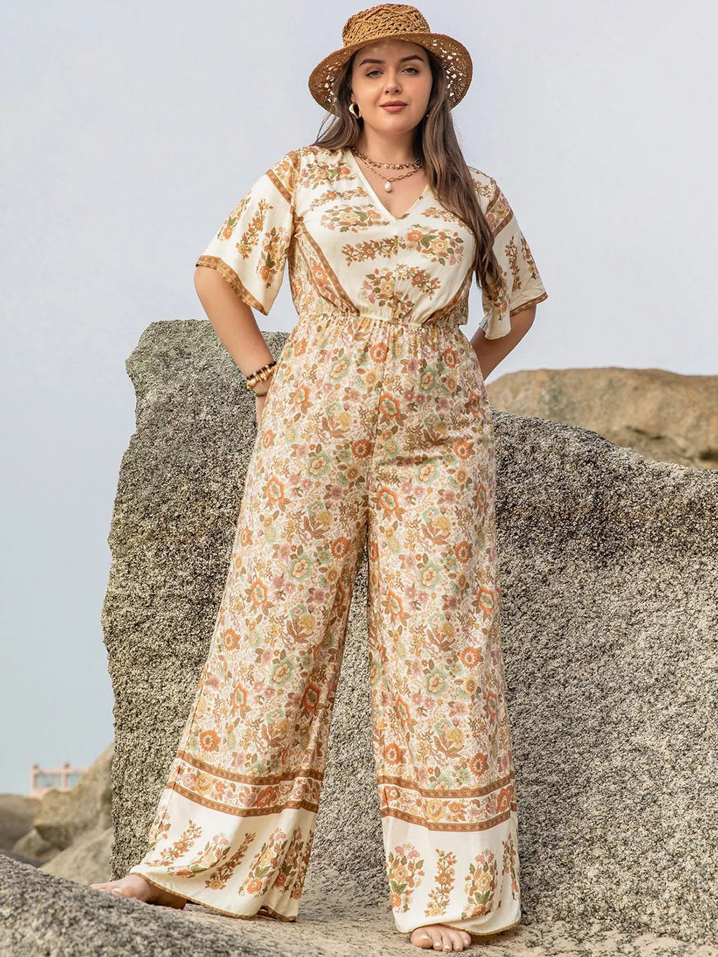 Plus Size V-Neck Flutter Sleeve Wide Leg Jumpsuit - GlossiChic Collection Apricot / 0XL GlossiChic Collection Jumpers & Rompers