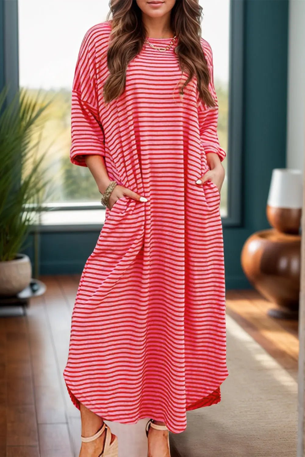 Pocketed Striped Half Sleeve Tee Dress - GlossiChic CollectionDresses