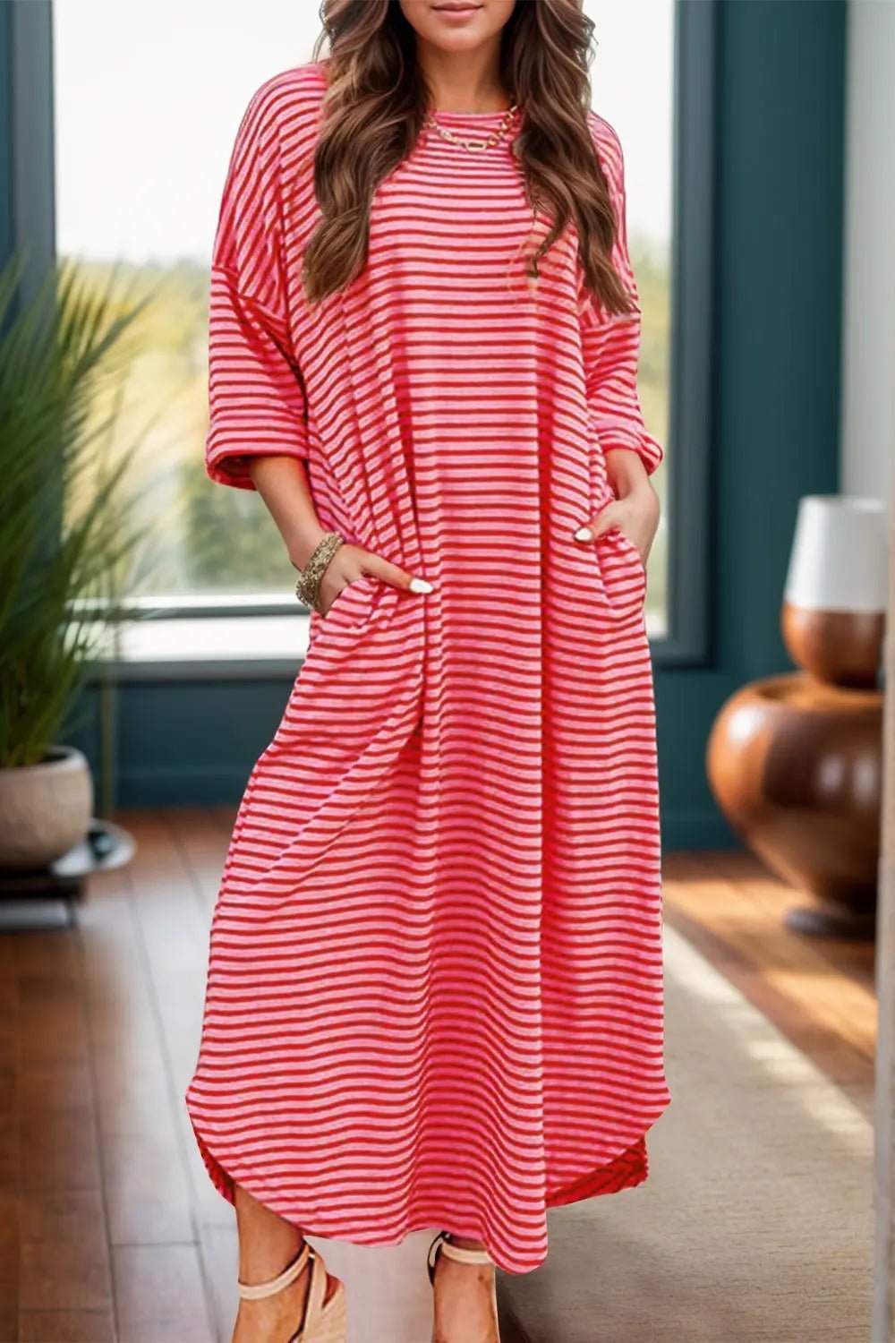 Pocketed Striped Half Sleeve Tee Dress - GlossiChic CollectionDresses