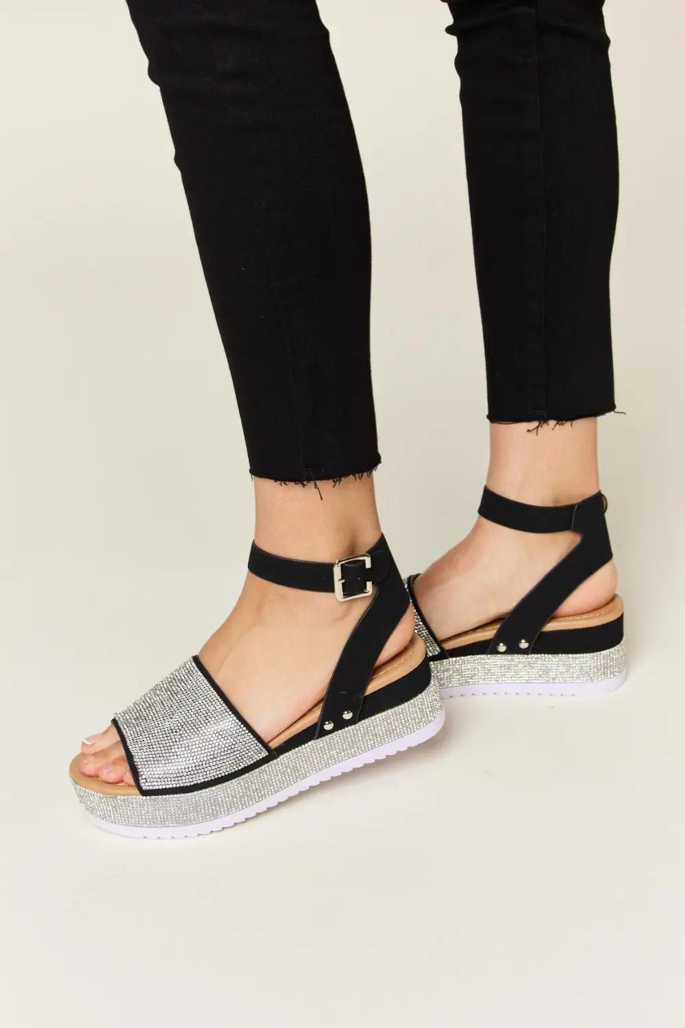 Rhinestone Buckle Strappy Wedge Sandals - GlossiChic CollectionShoes & Accessories