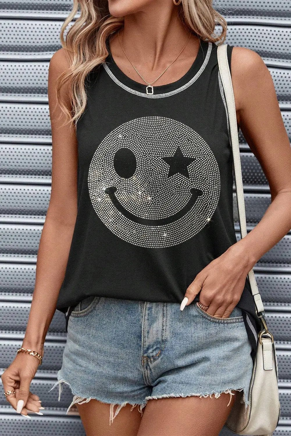 Rhinestone Smile Face Round Neck Tank - GlossiChic Collection Black / S GlossiChic Collection Shirts & Tops