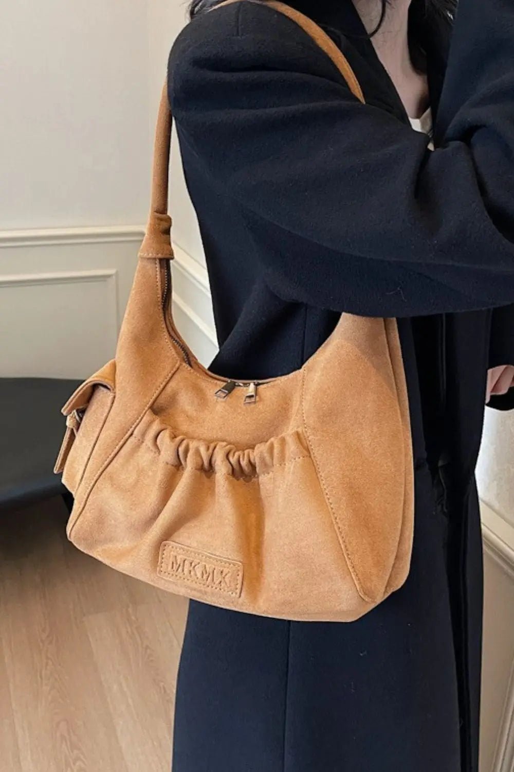 Ruched Suede Handbag with Zipper - GlossiChic Collectionhandbags