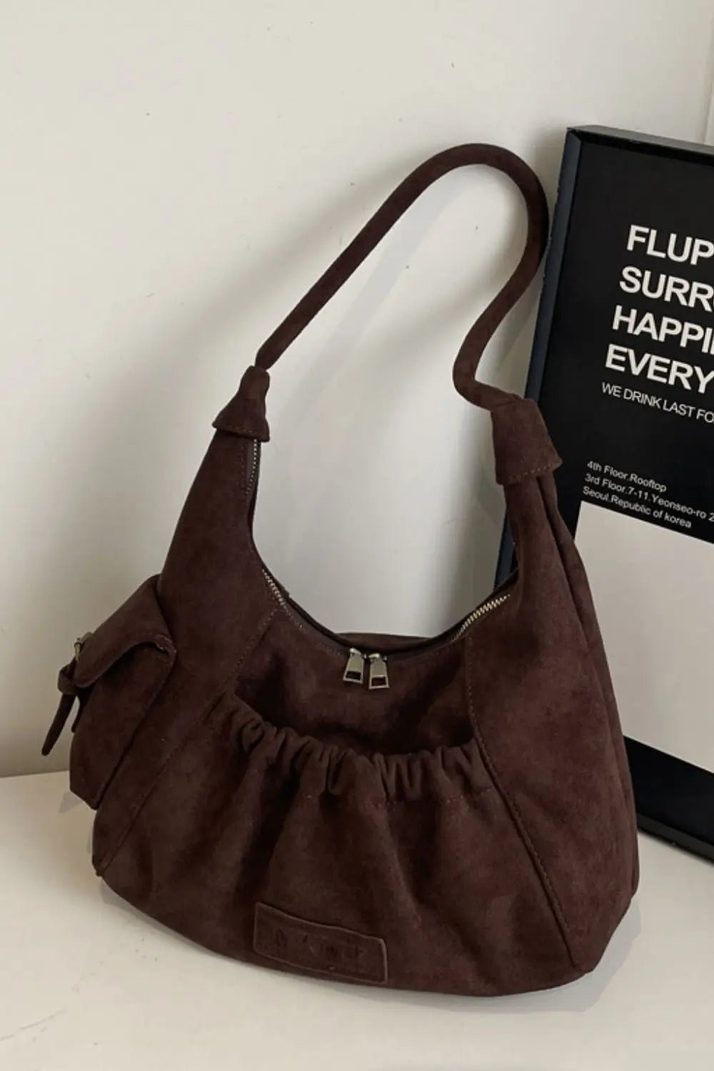 Ruched Suede Handbag with Zipper - GlossiChic Collectionhandbags