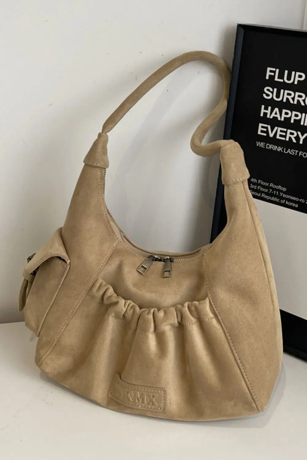 Ruched Suede Handbag with Zipper - GlossiChic Collectionhandbags