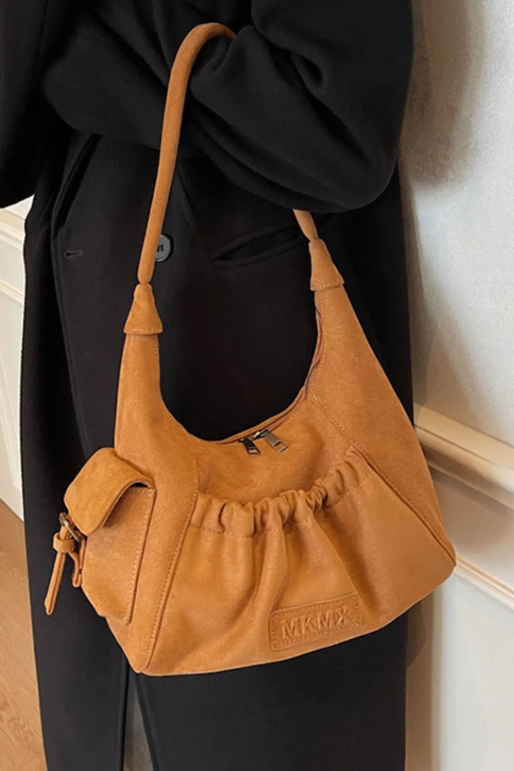 Ruched Suede Handbag with Zipper - GlossiChic Collectionhandbags