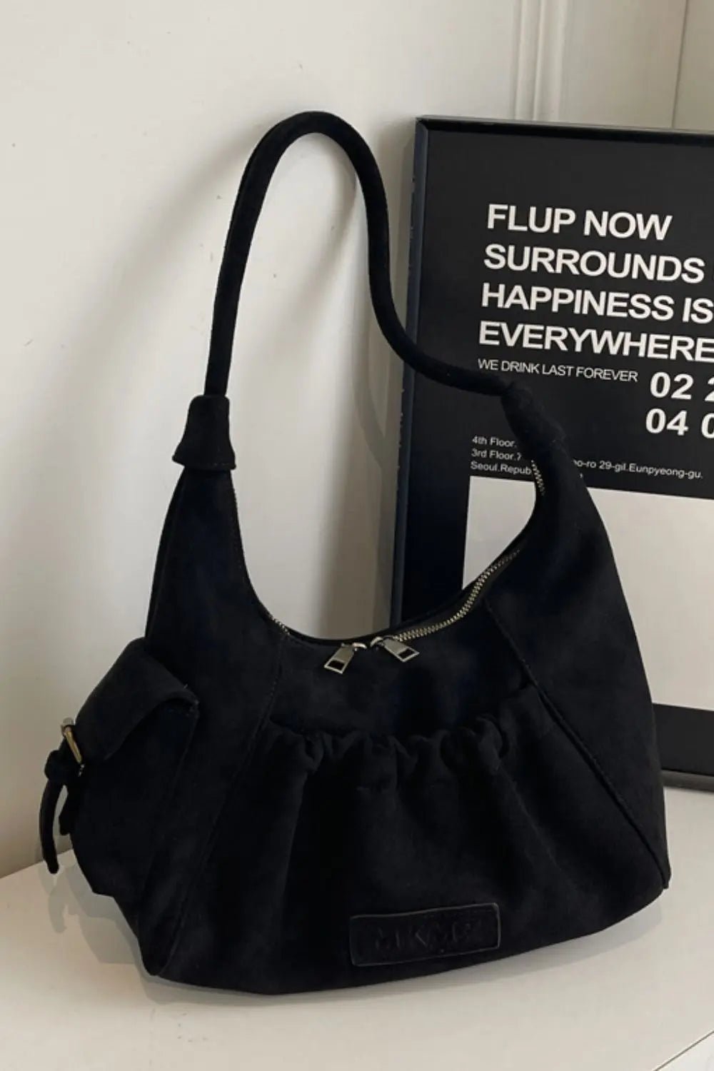 Ruched Suede Handbag with Zipper - GlossiChic Collectionhandbags