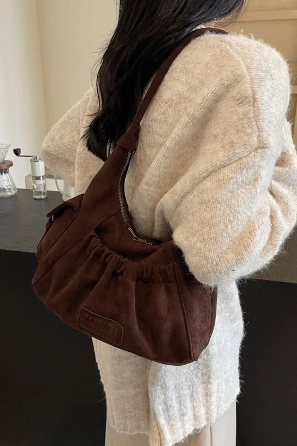 Ruched Suede Handbag with Zipper - GlossiChic Collectionhandbags