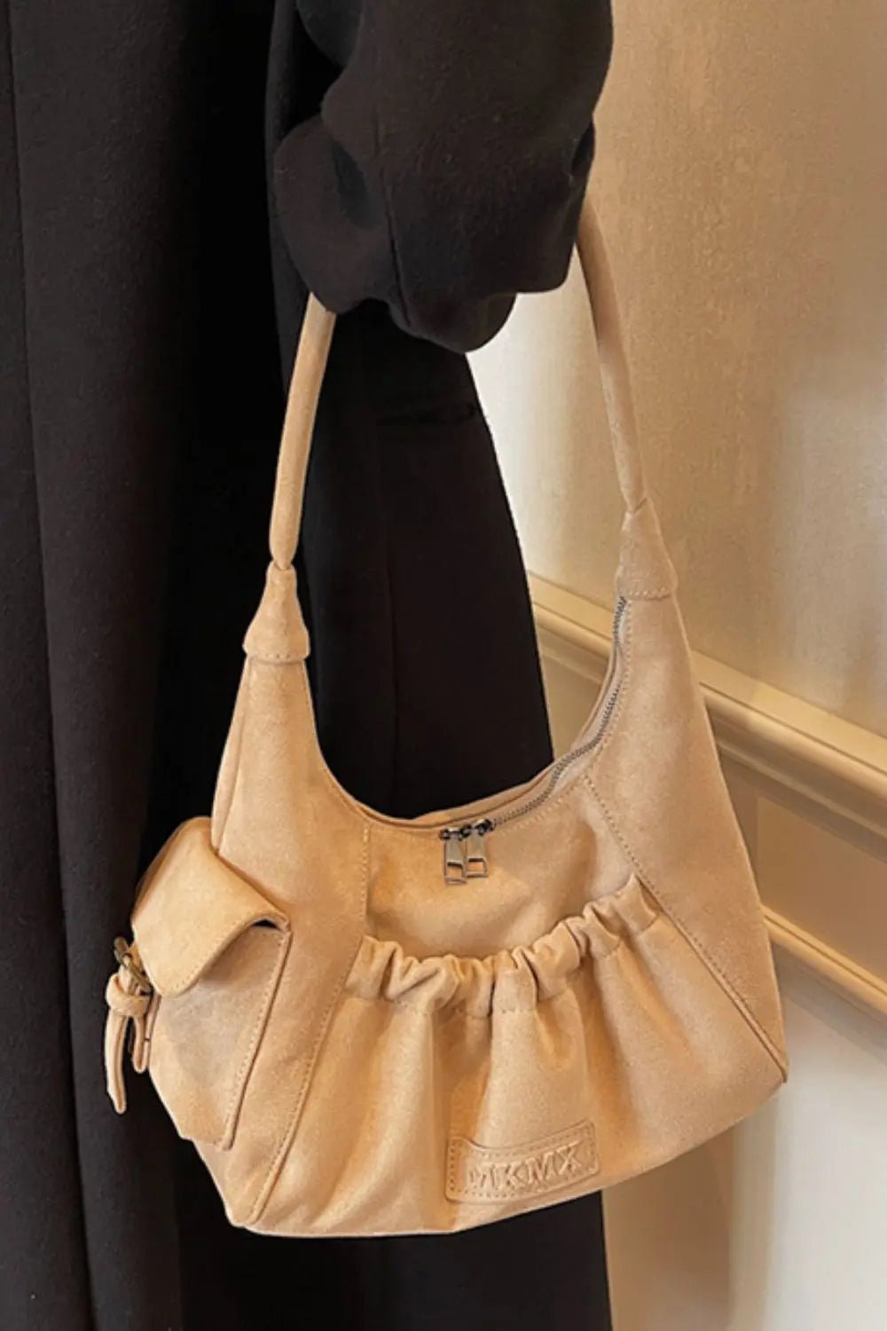 Ruched Suede Handbag with Zipper - GlossiChic Collectionhandbags