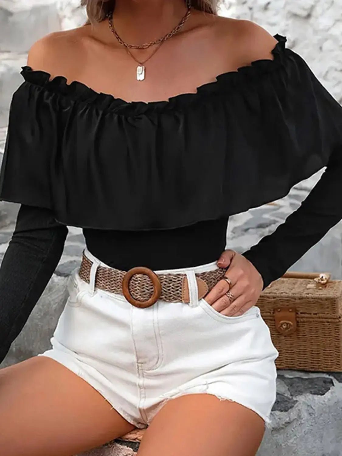 Ruffled Off-Shoulder Long Sleeve Blouse - GlossiChic Collection Black / S GlossiChic Collection Shirts & Tops