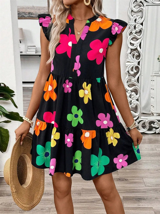 Ruffled Printed Notched Cap Sleeve Dress - GlossiChic CollectionDresses
