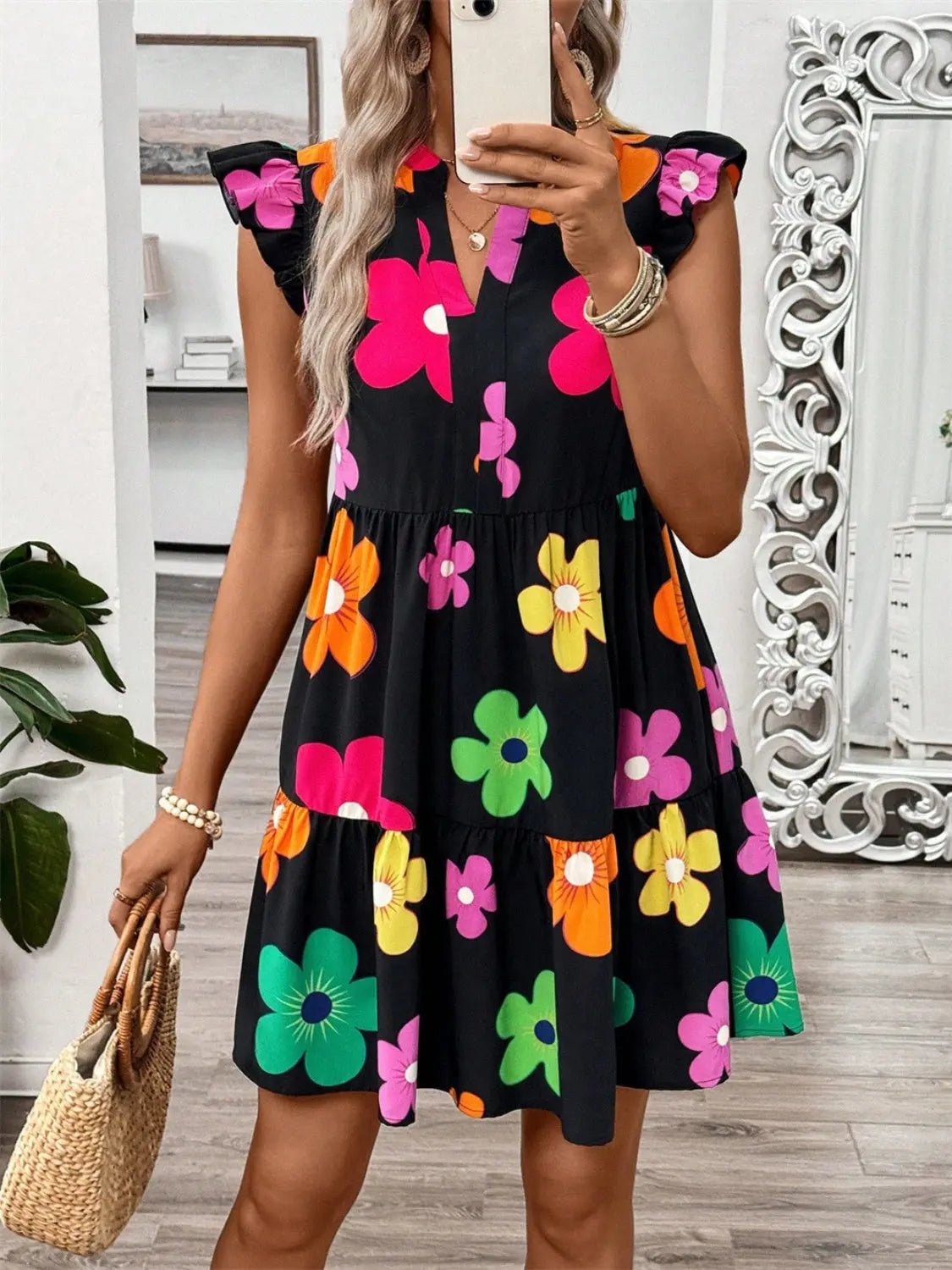 Ruffled Printed Notched Cap Sleeve Dress - GlossiChic CollectionDresses
