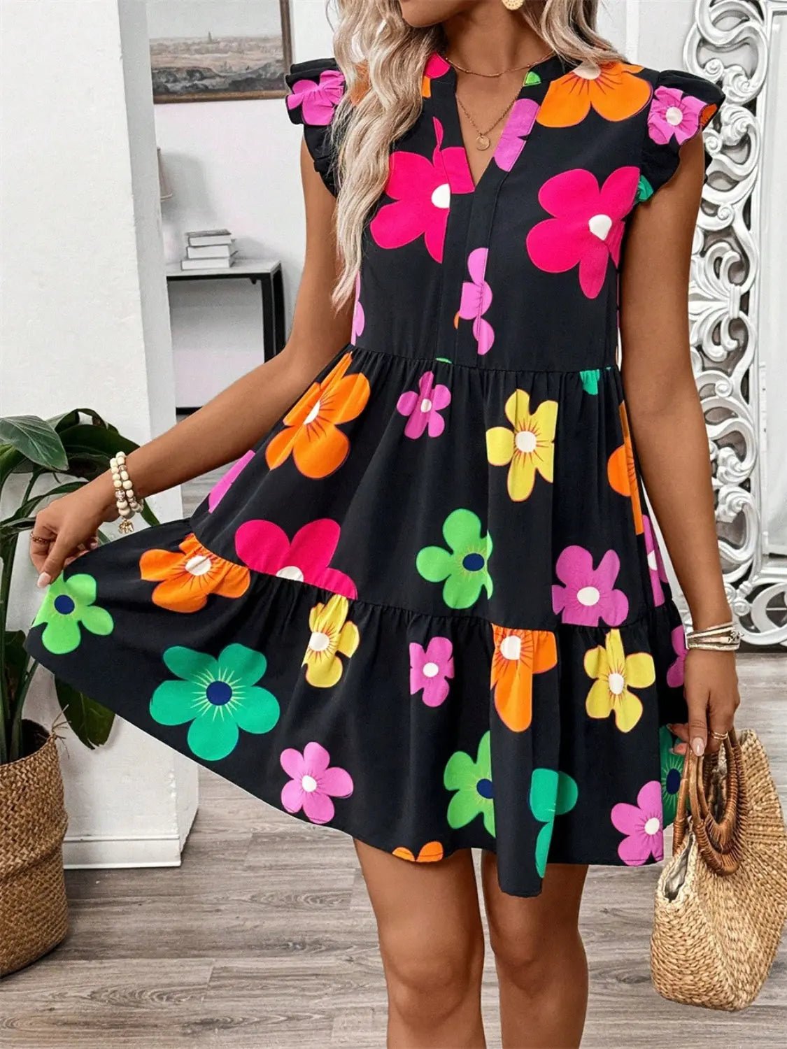 Ruffled Printed Notched Cap Sleeve Dress - GlossiChic CollectionDresses