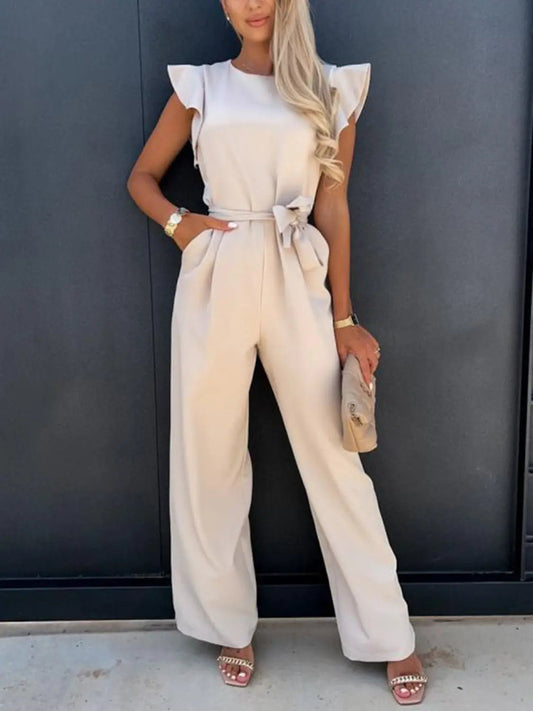 Ruffled Round Neck Cap Sleeve Jumpsuit - GlossiChic CollectionJumpers & Rompers
