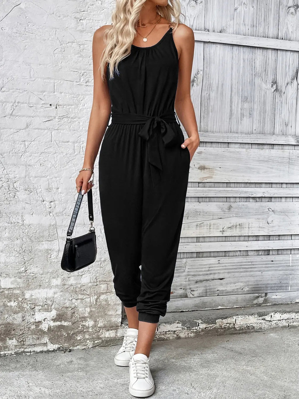 Scoop Neck Tie Waist Jumpsuit - GlossiChic CollectionJumpers & Rompers