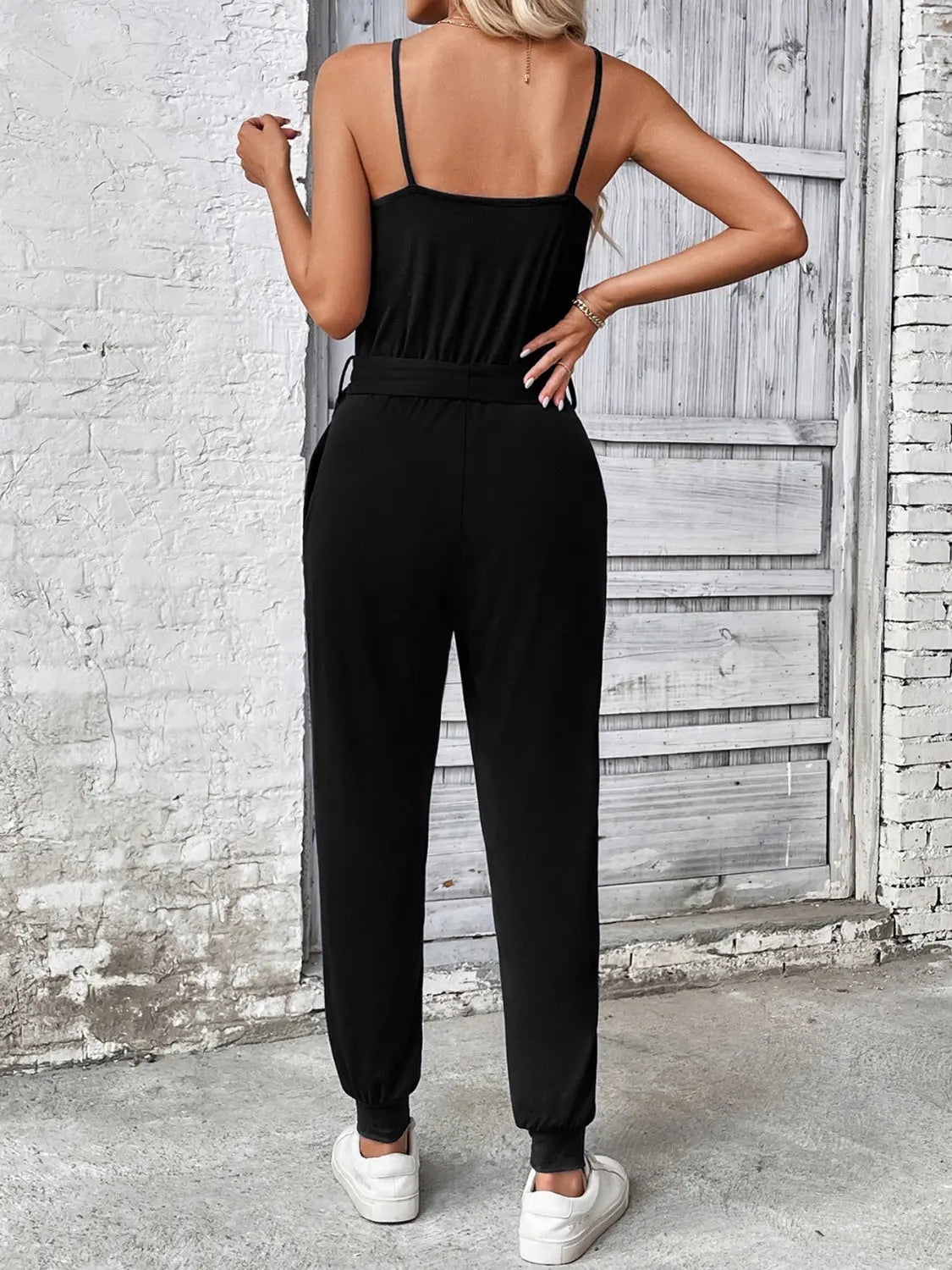 Scoop Neck Tie Waist Jumpsuit - GlossiChic Collection Dark Blue / S GlossiChic Collection Jumpers & Rompers