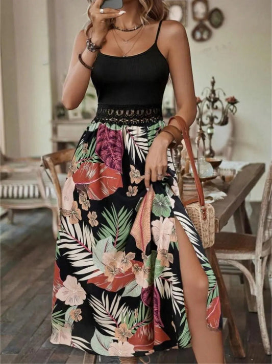 Slit Printed Scoop Neck Cami Dress - GlossiChic CollectionDresses