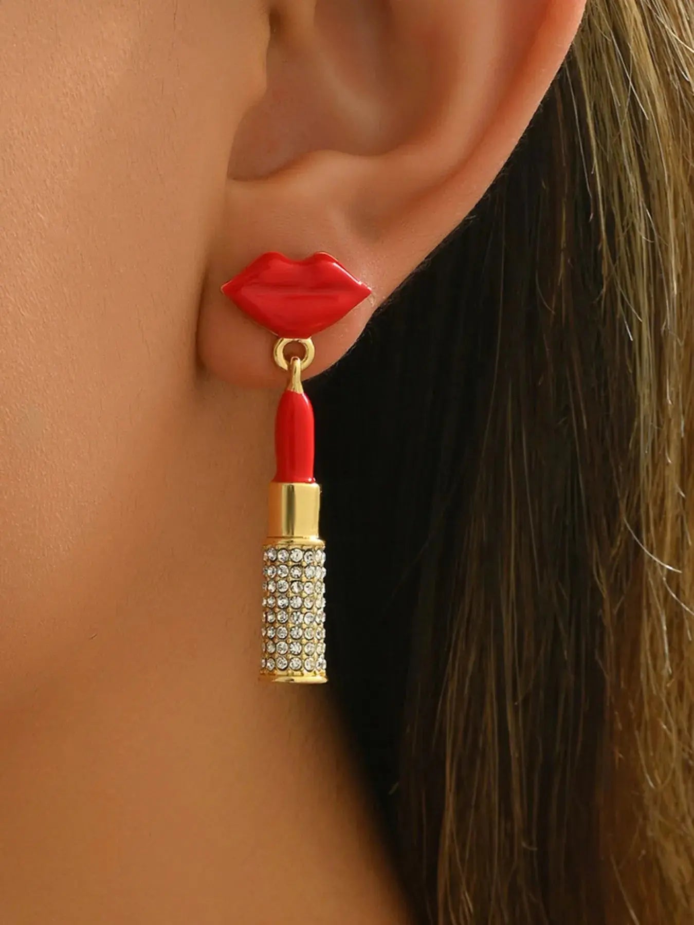 Stainless Steel Resin Lips Lipstick Rhinestone Earrings - GlossiChic Collectionjewelry