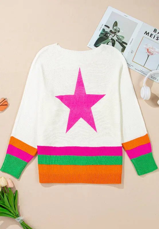 Star Contrast Round Neck Long Sleeve Knit Top - GlossiChic Collection White / S GlossiChic Collection Shirts & Tops