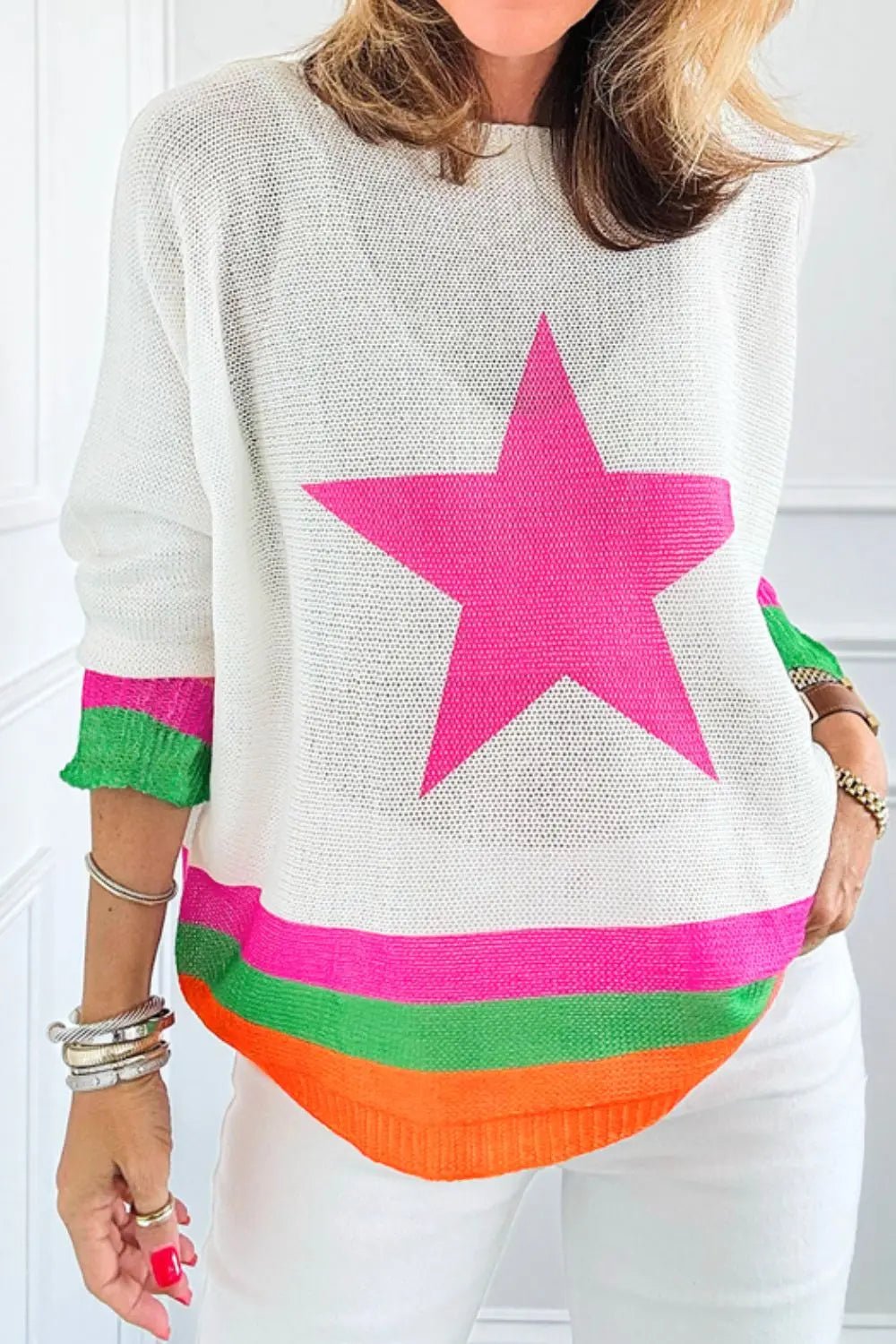 Star Contrast Round Neck Long Sleeve Knit Top - GlossiChic CollectionShirts & Tops