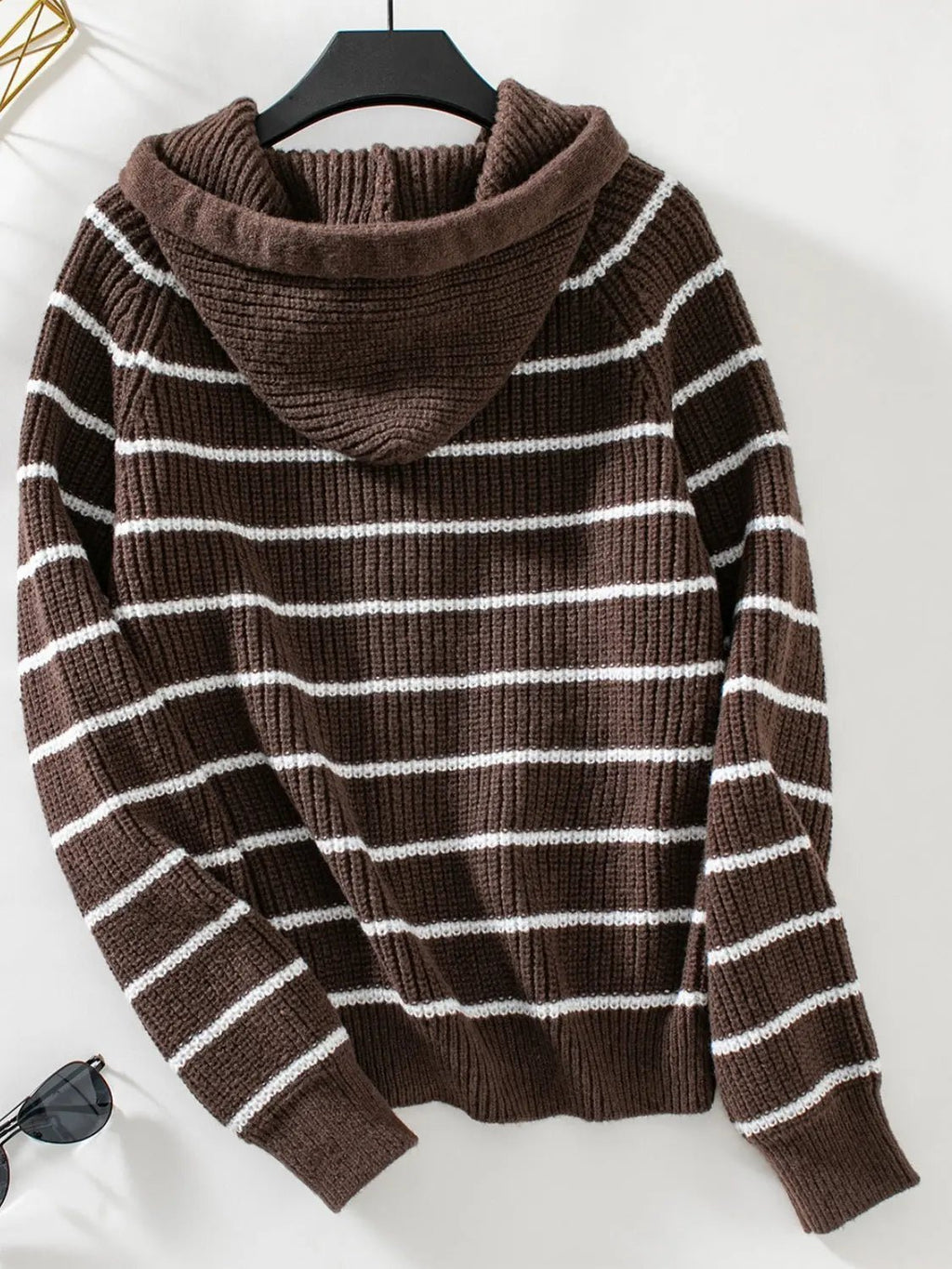 Striped Button Up Long Sleeve Hooded Cardigan - GlossiChic Collection White / S GlossiChic Collection Blazer & Cardigan